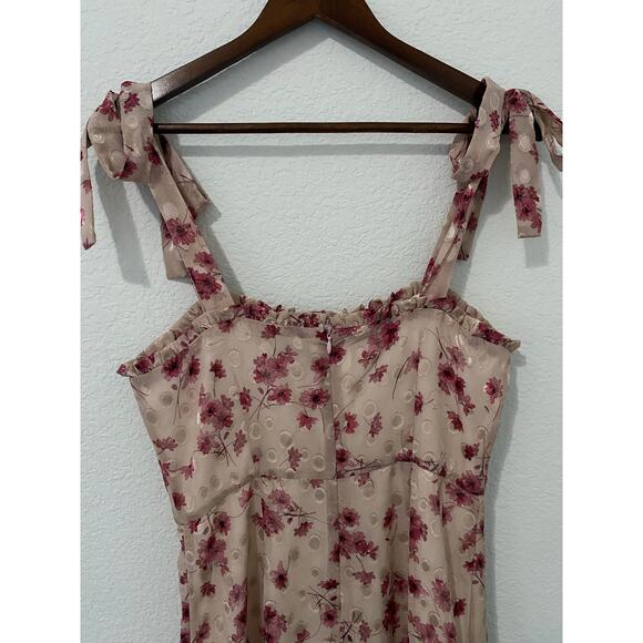 Lulus Blush Terrace Views Floral Tie Strap Size M Ruffle Sweetheart Midi Dress - Picture 5 of 11
